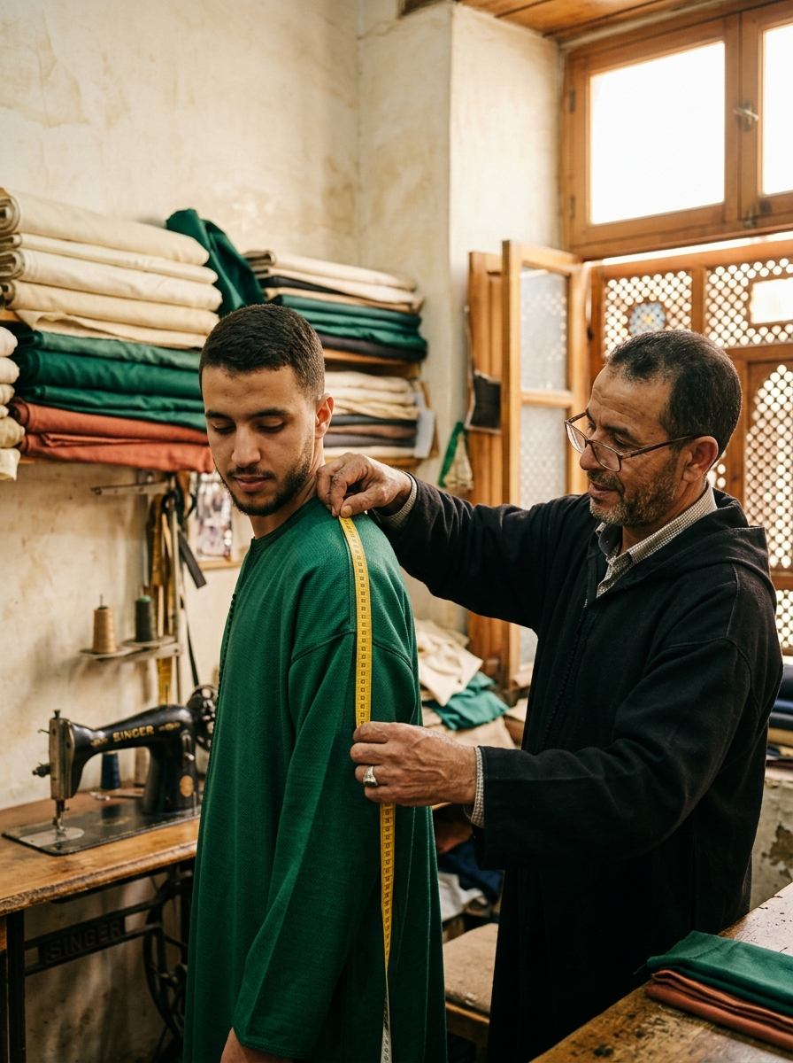 Maâlem prenant les mesures d'un client dans l'atelier de Fès