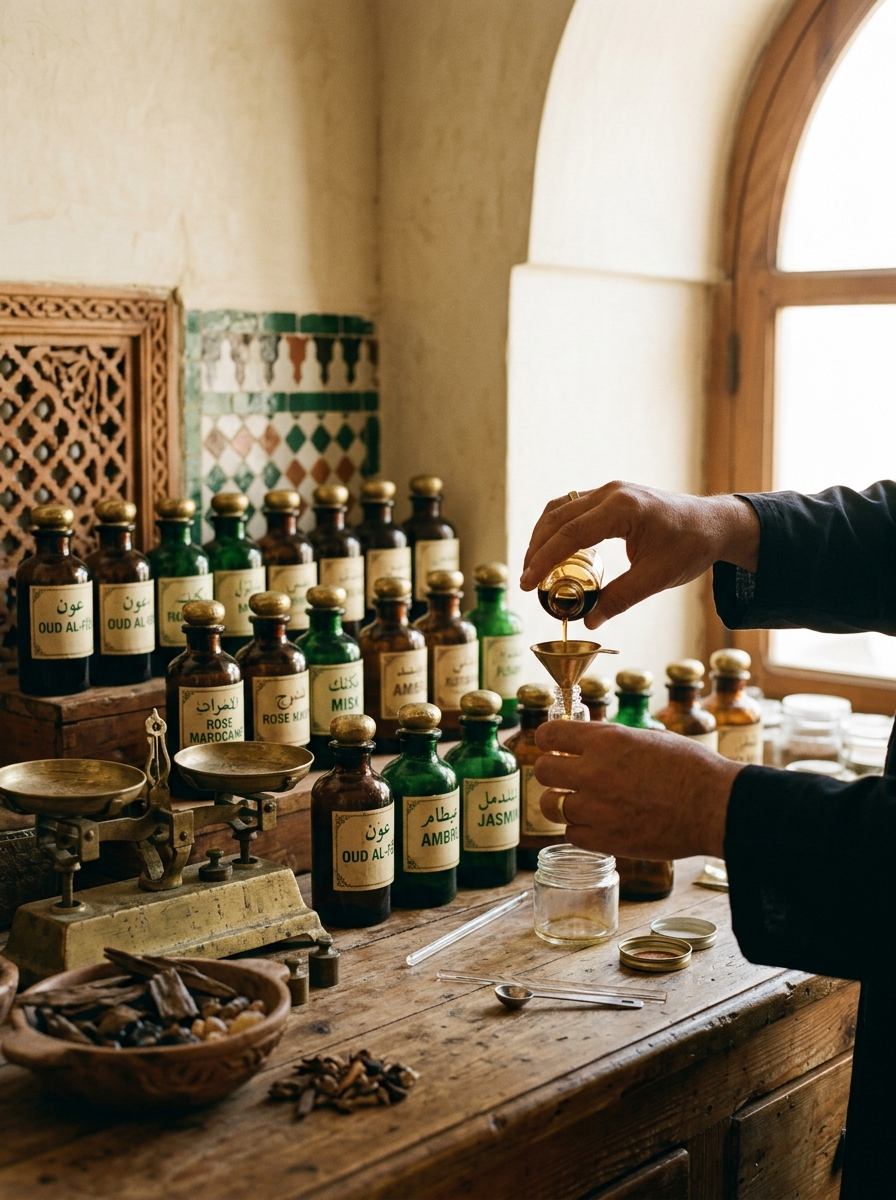 Flacons d'oud et bakhour dans l'atelier de parfumerie