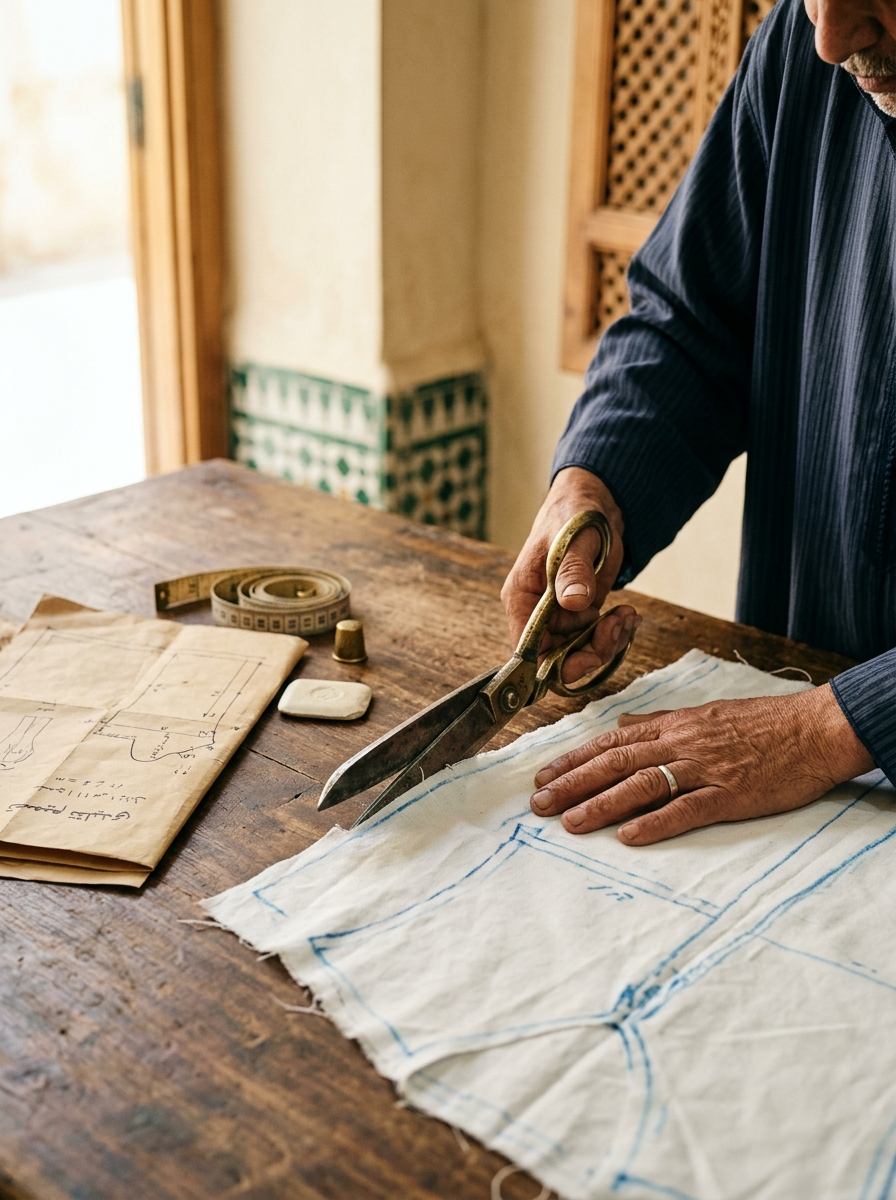 Maâlem couturier au travail dans l'atelier de Fès