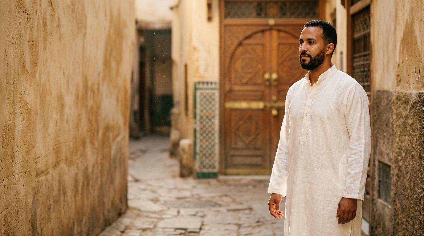 Homme portant un qamis blanc dans la médina de Fès