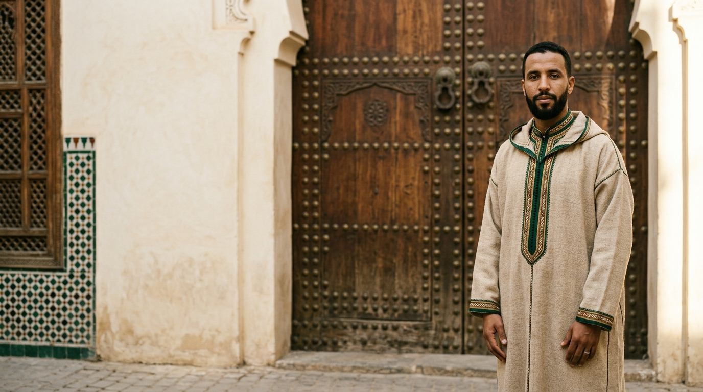 Djellaba en laine brodée main devant une porte de Fès