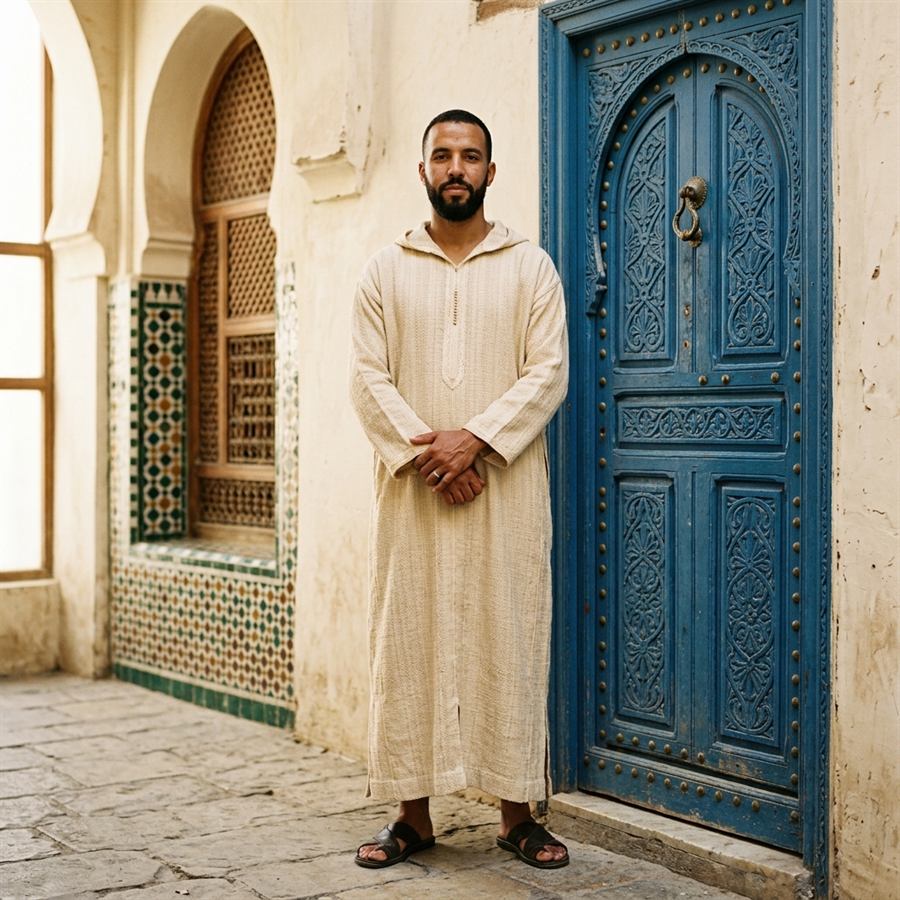 Djellaba beige portée dans la médina